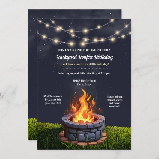 裏庭の火ピット焚き火クックアウト、誕生日BBQ 招待状 (正面/裏面)