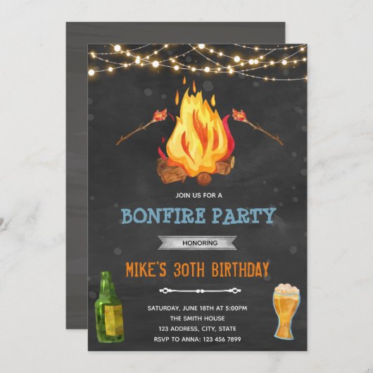 裏庭の焚き火とビールパーティーのテーマ招待状 招待状 (正面/裏面)