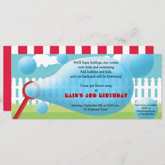裏庭の破裂の泡子供の誕生会 招待状 (正面/裏面)