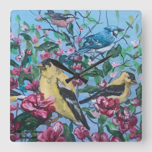 裏庭の鳥たち ハンドペイントアート スクエア壁時計 (正面)