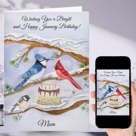 裏庭の鳥とケーキのママの1月誕生日 カード