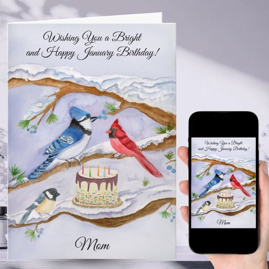 裏庭の鳥とケーキのママの1月誕生日 カード