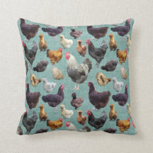 裏庭の鶏がミッドグリーンのバーラップクッションに