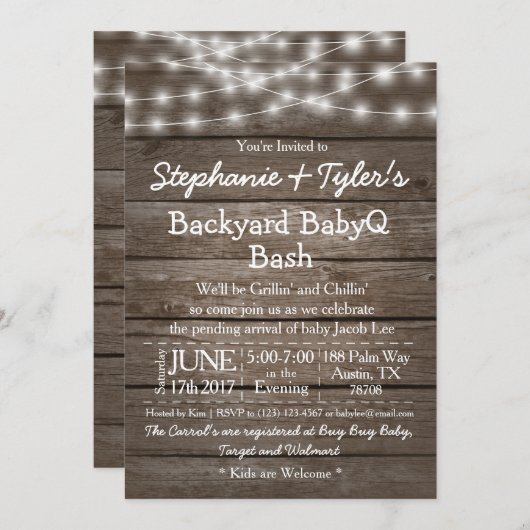裏庭のBabyQ Bashが木製のベビーシ素朴ャワーを点灯 招待状 (正面/裏面)