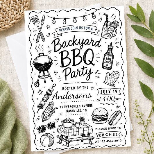 裏庭のBBQパーティー 夏 手描きの落書き風 ラスティック 招待状