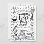 裏庭のBBQパーティー 夏 手描きの落書き風 ラスティック 招待状 (正面)