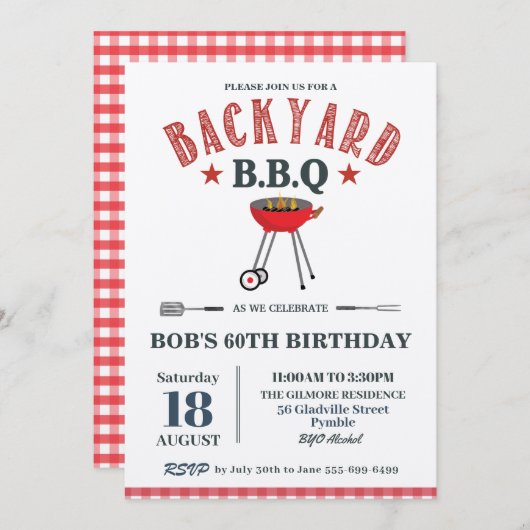 裏庭のBBQ 男の子の誕生日 赤いギンガム クラフト 招待状 (正面/裏面)