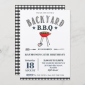 裏庭のBBQ 男の子の誕生日 黒のギンガム クラフト 招待状 (正面/裏面)