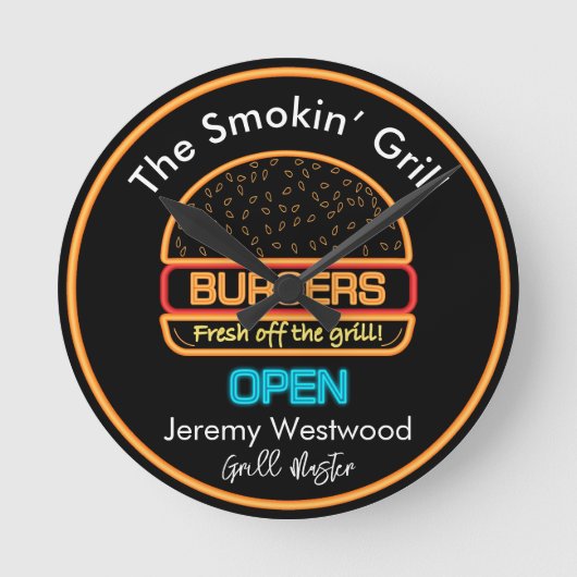 裏庭グリルマスターバーガーズサインウォールクロック ラウンド壁時計 (正面)