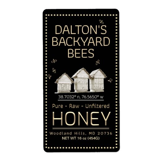 裏庭ハイブ蜂蜜ジャールラベルブラックの小さなハチ ラベル (正面)
