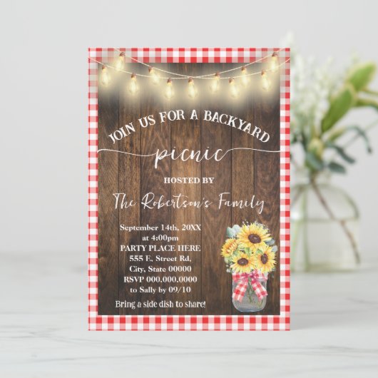 裏庭ピクニックパーティーレッドチェック柄ひまわり 招待状 (スタンド正面)