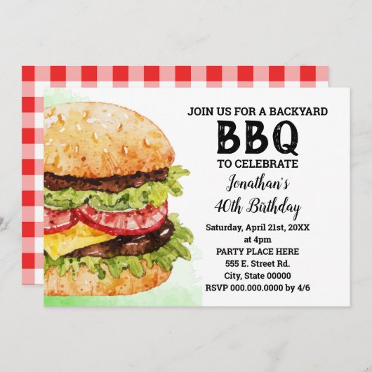裏庭BBQバースデーウォーターカラーバーガーパーティー 招待状 (正面/裏面)