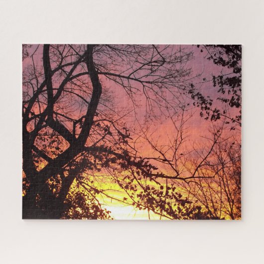 裸木カラフルの間の夕日 ジグソーパズル (横)