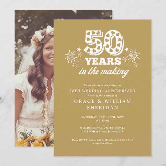 「製作中」ゴールド 50周年 結婚記念日 写真 招待状 (正面/裏面)