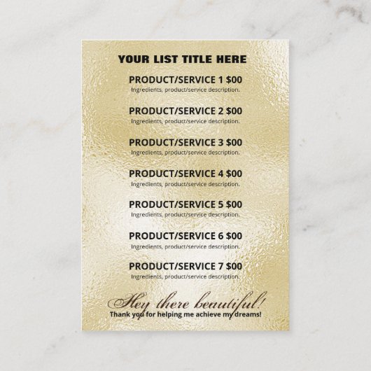 製品価格表金ゴールド及びグリッターインク 名刺 (裏面)