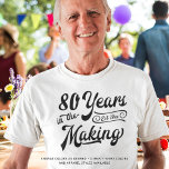 製造における第80回又は誕生日レトロ年 Tシャツ<br><div class="desc">レトロ80th(または任意の年齢)のTシャツまたはレトロな書道スクリプトのタイポグラフィタイトル80年のデザイン内の彼らの誕生年でパーソナライズされたMAKINGの年を特徴とするアパレルの選択 – すべてのあなたの選択の色のスタイルや色の選択で表示する色。サポート:デザインの修救済正またはカスタマイズ、色の変更、サイズ変更、別の製品へのデザインの転送もし、またはアイテムを調整したい場合は、以下のZazzleチャットメッセージタブを介してBEFORE ORDERINGデザイナーまたは電子メールmakeitaboutyoustore@gmail.com。</div>