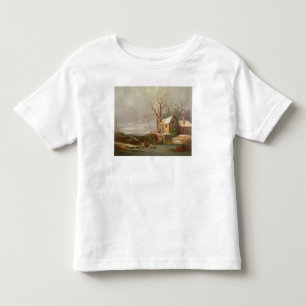 製造所およびコテージとの雪場面 トドラーTシャツ