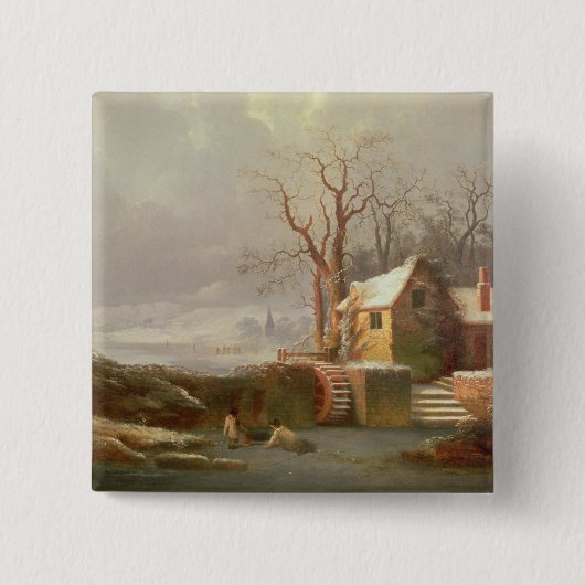 製造所およびコテージとの雪場面 缶バッジ (正面)