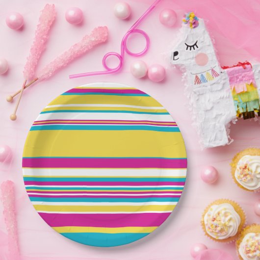 複合ストライプターコイズ – 黄色、ピンクと白 ペーパープレート (パーティー)