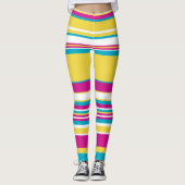 複合ストライプターコイズ – 黄色、ピンクと白 レギンス (正面)