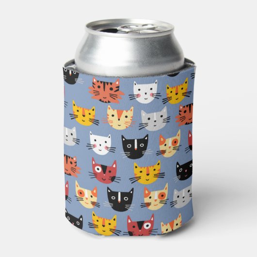 複数のおもしろい猫のパターン青 缶クーラー (缶正面)