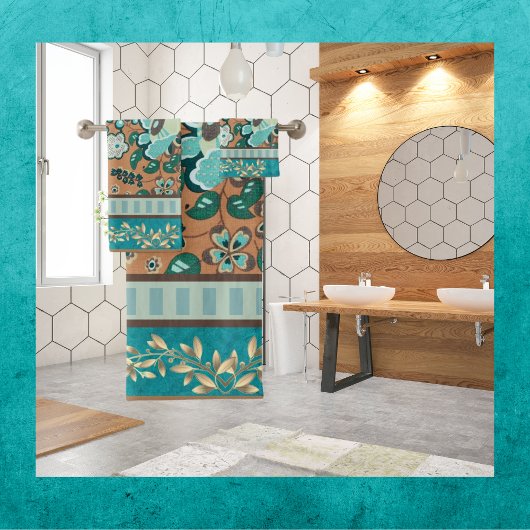 複数のパターン,ティール(緑がかった色),緑,錆,金ゴールド,花 バスタオルセット