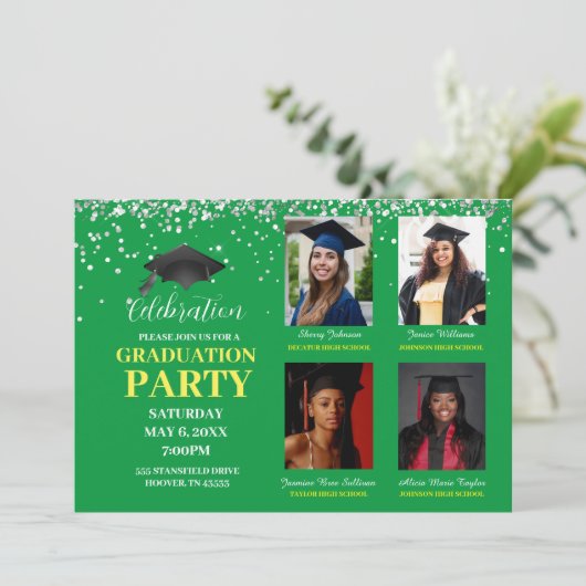 複数のフォトグリーンと黄色の卒業パーティー 招待状 (スタンド正面)