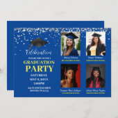 複数のフォトブルーと黄色の卒業パーティー 招待状 (正面/裏面)