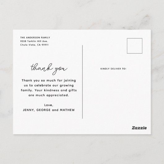 複数のモダン写真ありがとう赤ちゃんシャワー ポストカード (裏面)