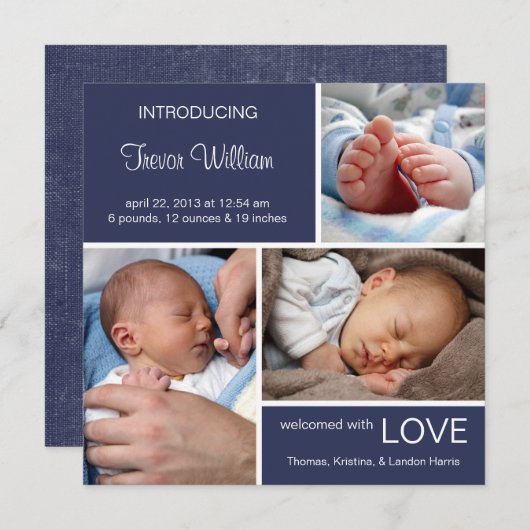 複数の写真の誕生のお知らせ//ネイビーブルーデニム 案内状 (正面/裏面)