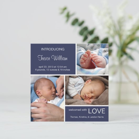 複数の写真の誕生のお知らせ//ネイビーブルーデニム 案内状 (スタンド正面)