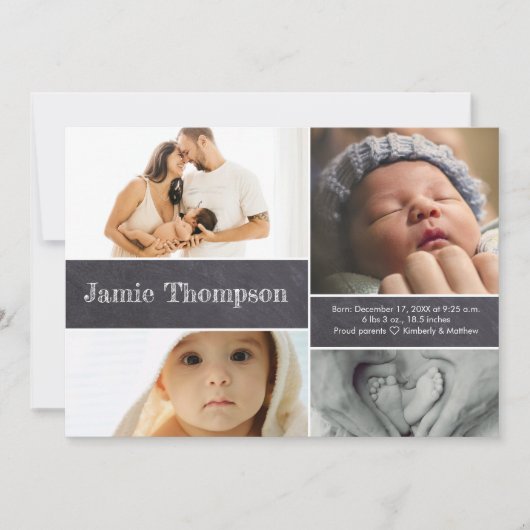 複数の赤ちゃんの写真コラージュ ブラックボード オーダーメイド名前 案内状 (正面)