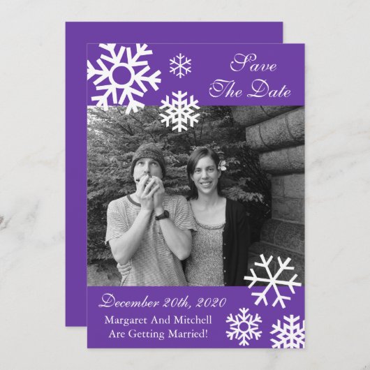 複数の雪の結晶の写真を使ったSave The Datesのご案内（紫） 招待状 (正面/裏面)