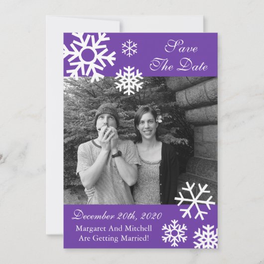 複数の雪の結晶の写真を使ったSave The Dates（紫） 招待状 (正面)