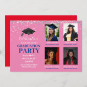 複数フォトピンクとブルーの卒業式パーティー 招待状 (正面/裏面)