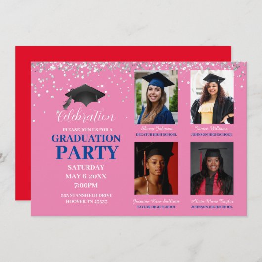 複数フォトピンクとブルーの卒業式パーティー 招待状 (正面/裏面)