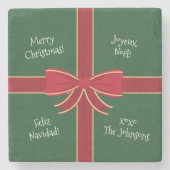 複数言語メリークリスマスレッドとグリーン ストーンコースター (正面)