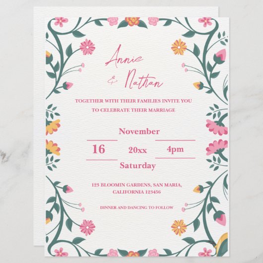 複雑なかわいらしフローラフレーム結婚式招待状 (正面/裏面)
