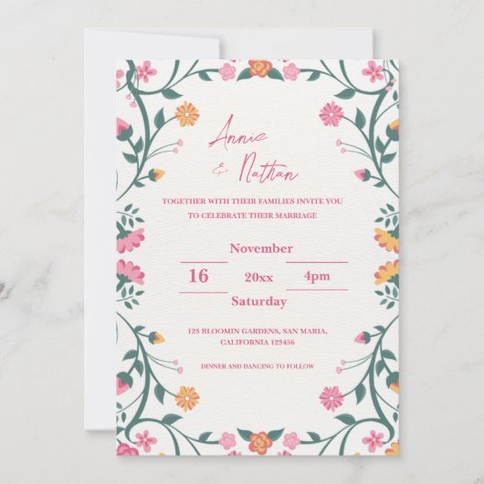 複雑なかわいらしフローラフレーム結婚式招待状 (正面)
