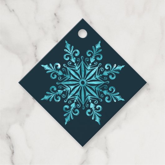 複雑なアイスブルーのスノーフレークのクリスマスギフトタグ フェイバータグ (正面)