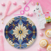 複雑なエレガントアールデコ金ゴールド深い – 青フローラ ペーパープレート (パーティー)