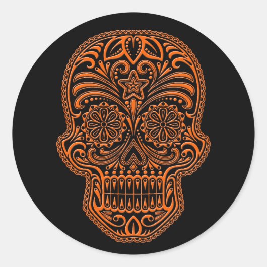 複雑なオレンジ色の砂糖スカルオンブラック ラウンドシール (正面)