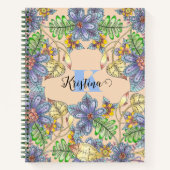 複雑なカラフルフローラ名とイニシャル ノートブック (正面)