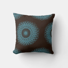 複雑なギロシュ花柄の茶色のティール（緑がかった色） クッション