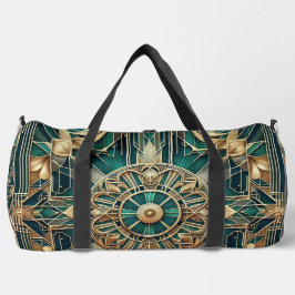 複雑なグリーンと金ゴールドアールデコパターン ダッフルバッグ