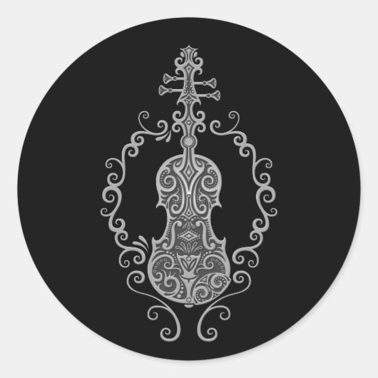 複雑なグレーヴァイオリンデザインオンブラック ラウンドシール (正面)