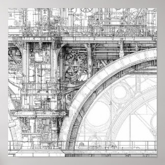 複雑なスチームパンクの足場 技術的な線画 ポスター