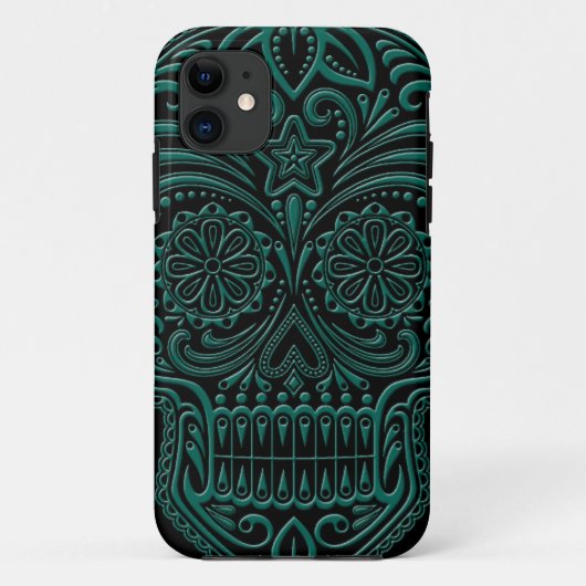 複雑なティール(緑がかった色)の黒の青い砂糖のスカル Case-Mate iPhoneケース (裏面)