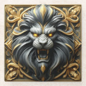 複雑なディテールを持つゴールデンライオンヘッド ガラスコースター (正面)