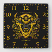 複雑なデザインでフローラクラウン付きバイソン スクエア壁時計 (正面)
